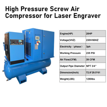 将图片加载到图库查看器,20HP 230V 3-Phase All-in-one Variable Speed Frequency Rotary Screw Air Compressor - 39CFM@235PSI with 80 Gallon Tank & Refrigerated Dryer and Built-in Air Oil Separator for Laser Engraver