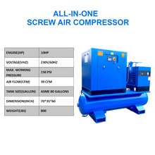 Load image into Gallery viewer, 10HP 7.5KW All-in-One Fixed Frequency Rotary Screw Air Compressor 40CFM@150PSI/230V/60Hz/3-Phase with 80 Gallons Tank and Refrigerated Air Dryer, Stationary Industrial Air Compressor