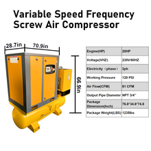 将图片加载到图库查看器,20HP 15KW All-in-One Variable Speed Frequency Rotary Screw Air Compressor 81CFM@120PSI/230V/60Hz/3-Phase with 80 Gallons Tank and Refrigerated Air Dryer, Stationary Industrial Air Compressor