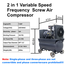 Load image into Gallery viewer, 10HP/7.5kw Variable Speed Frequency Rotary Screw Air Compressor with 30 Gal Tank and Casters, 230V/60hz/single Phase/39CFM@120PSI Two in One Movable Air Compressor