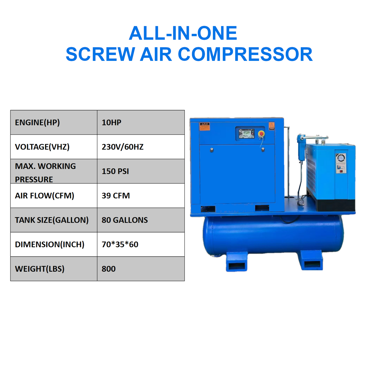 10HP 7.5KW All-in-One Fixed Frequency Rotary Screw Air Compressor 40CFM@150PSI/230V/60Hz/3-Phase with 80 Gallons Tank and Refrigerated Air Dryer, Stationary Industrial Air Compressor