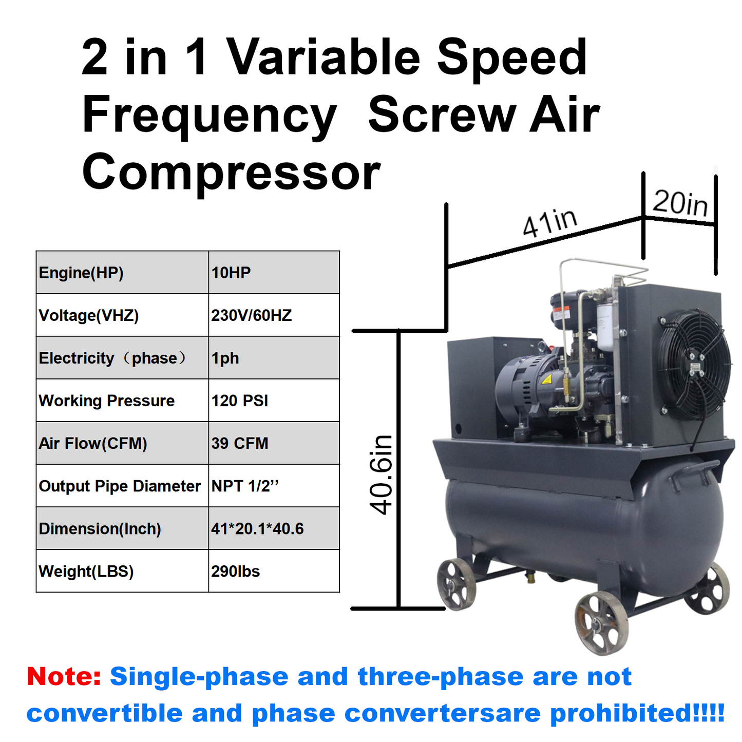 10HP/7.5kw Variable Speed Frequency Rotary Screw Air Compressor with 30 Gal Tank and Casters, 230V/60hz/single Phase/39CFM@120PSI Two in One Movable Air Compressor