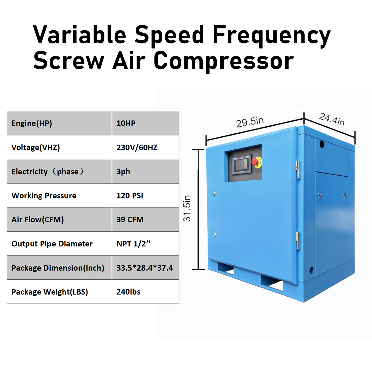 10HP 7.5KW Variable Speed Frequency Rotary Screw Air Compressor 39CFM@120PSI/230V/60Hz, Stationary Industrial Air Compressor