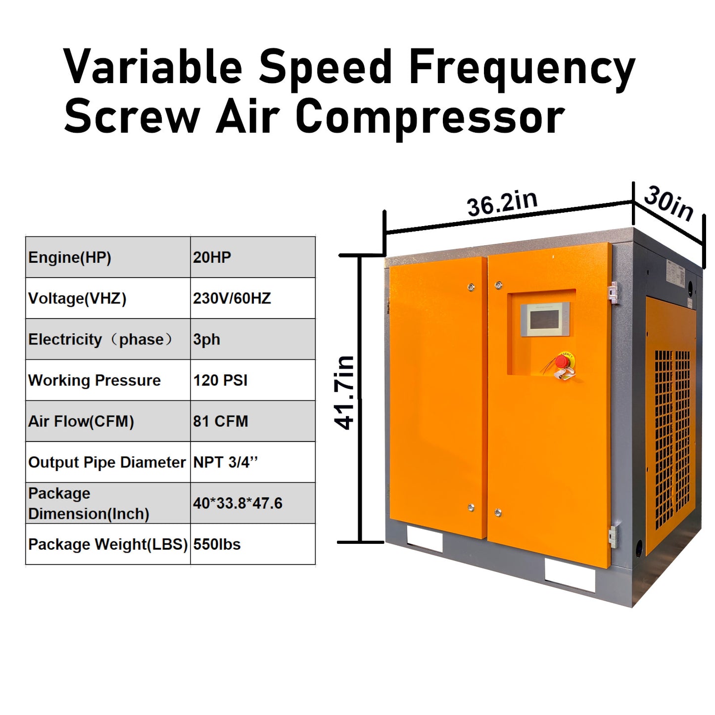 20HP 15KW Variable Speed Frequency Rotary Screw Air Compressor Single-Stage 81CFM@120PSI/230V/60Hz, Stationary Industrial Air Compressor